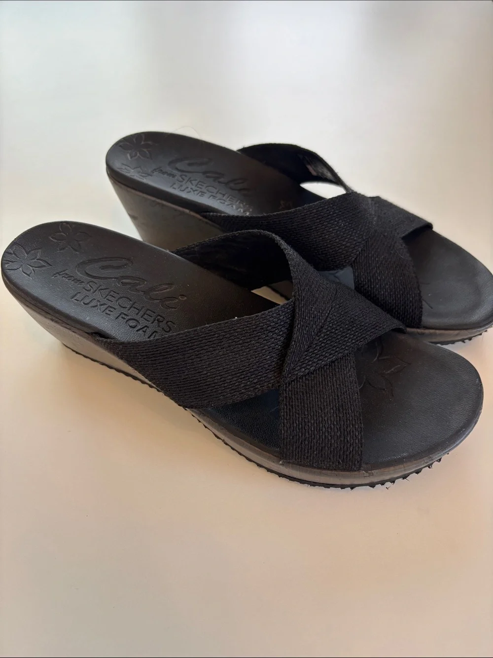 Skechers Black Crisscross Wedge Sandals